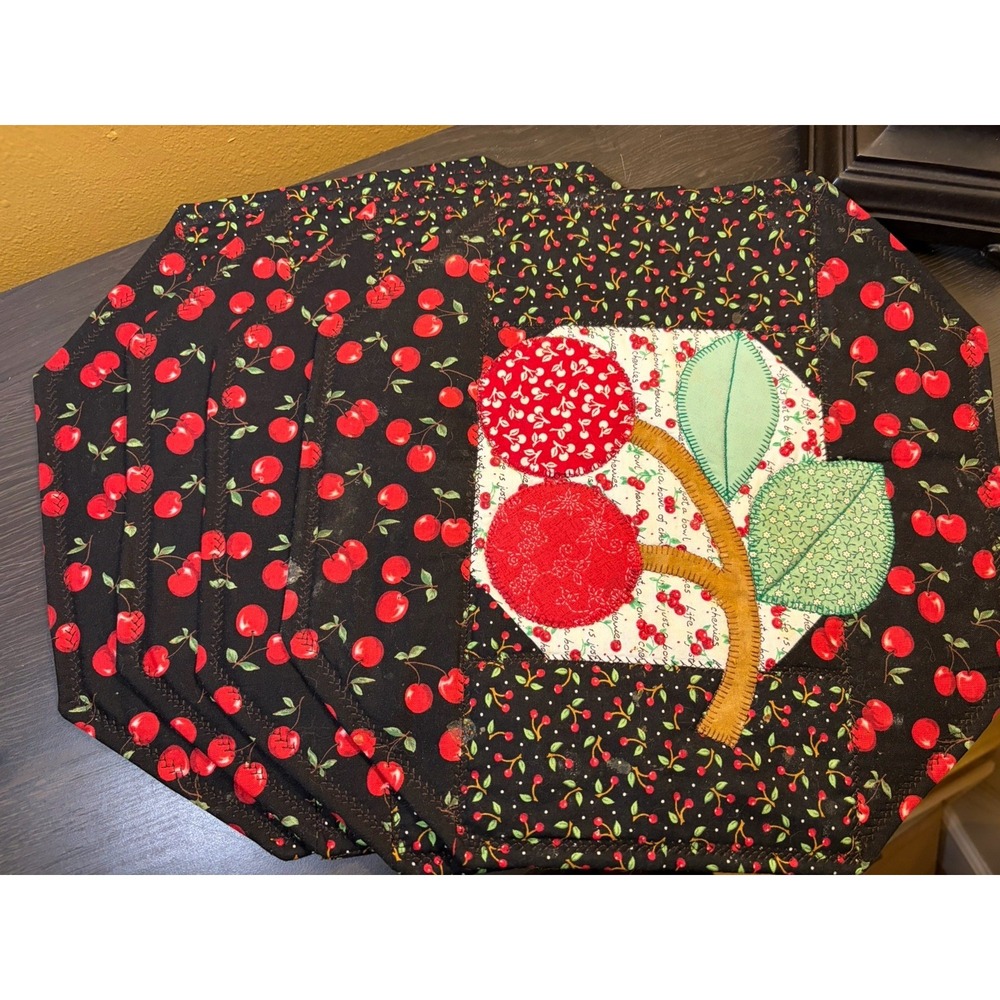 Vintage 1970s Red Cherries Fabric Placemats Set of 4 Handmade Cottagecore